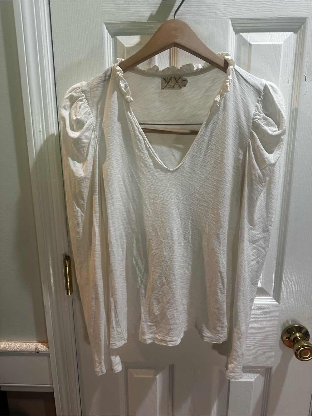 Nation Ltd Off White Long Sleeve Top V-neck Ruffle Puff Sleeves Cotton Small